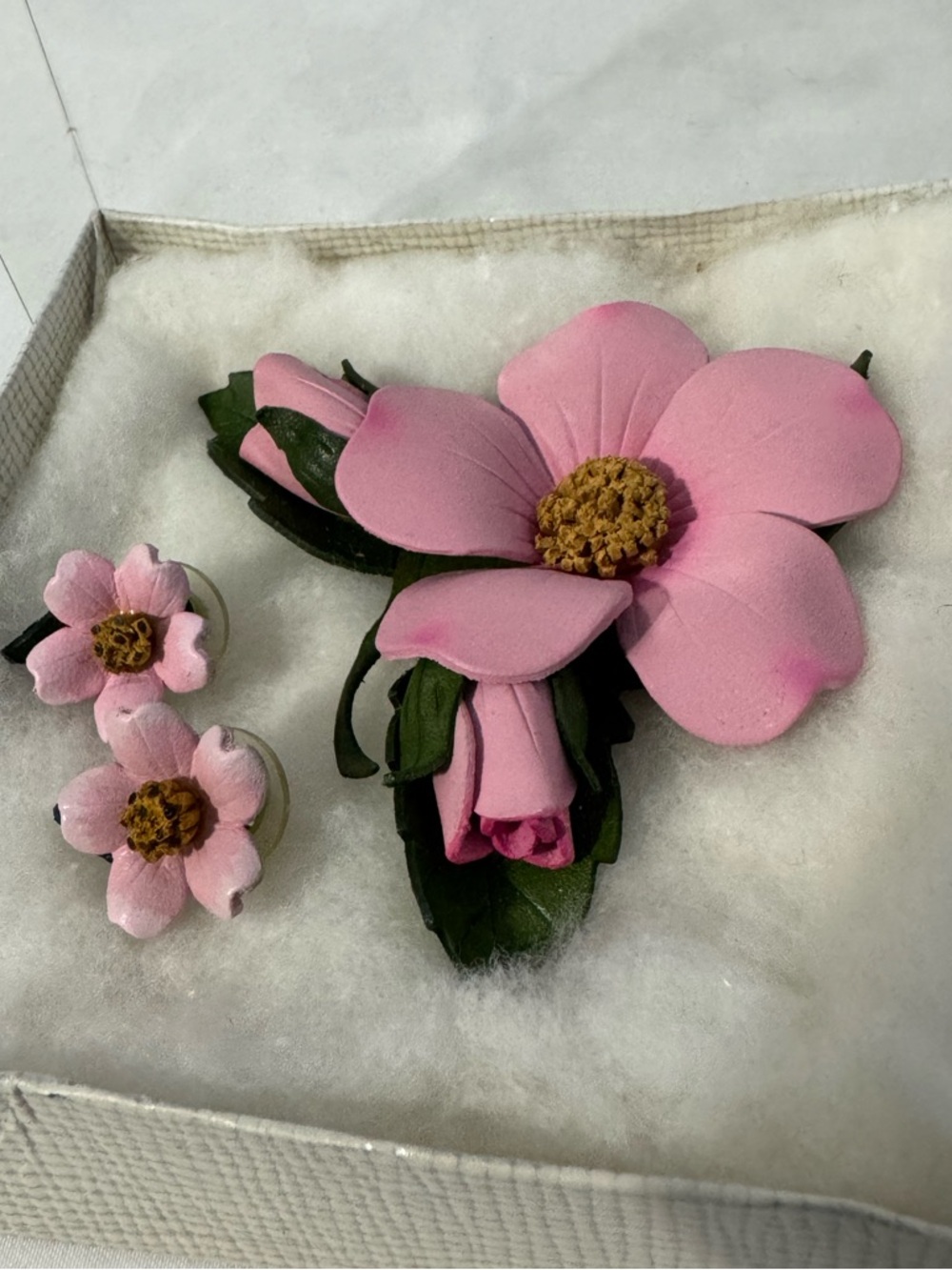 Vintage Pink Flower Brooch & Earrings Set Hand Painted Floral - Picture 2 of 6